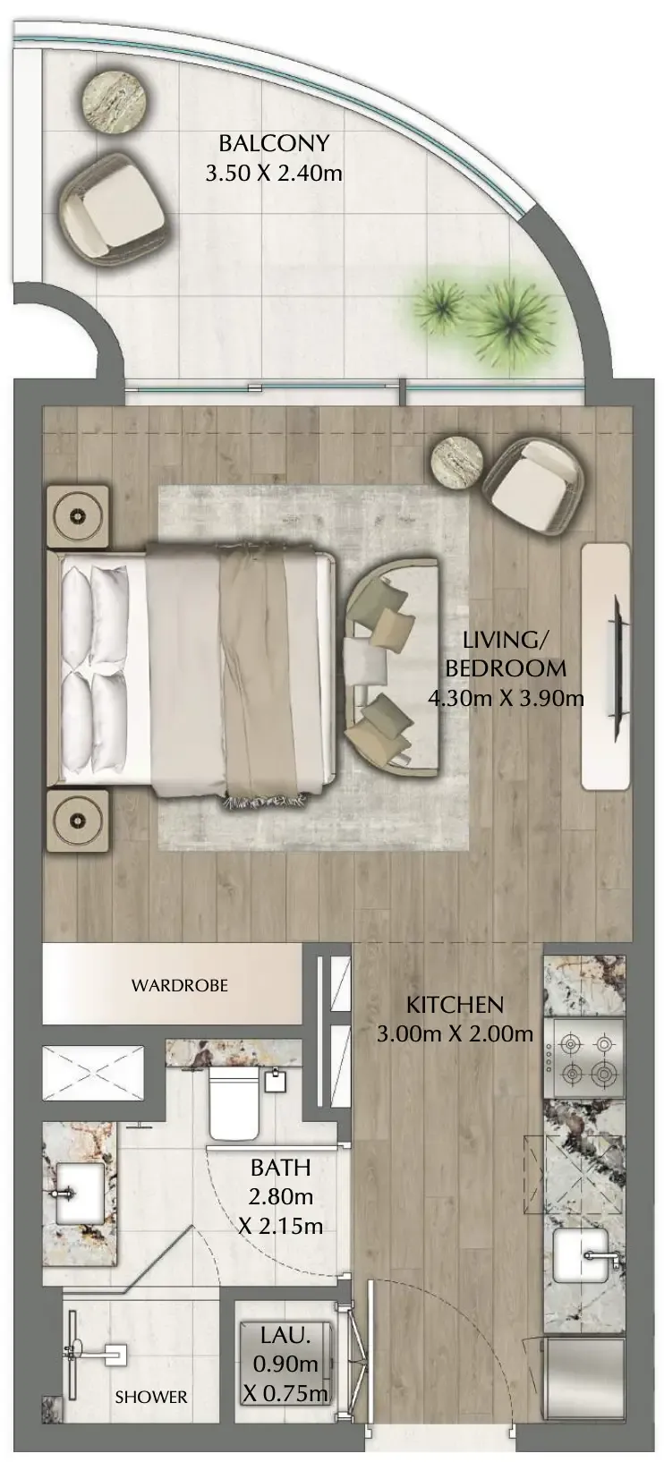 One Residence Studio floor plan, 470 sqft
