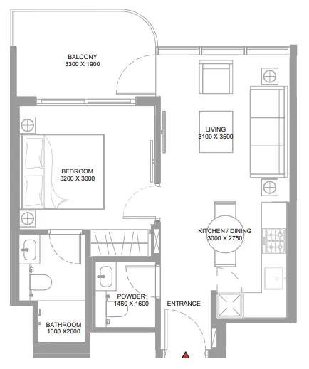 Yachtside Marina Residences 1 bed floor plan, 545 – 547 sqft