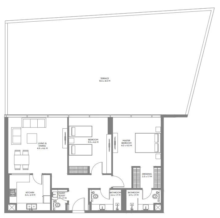 The Gate 3 and 4 2 bed floor plan, 2,502 sqft
