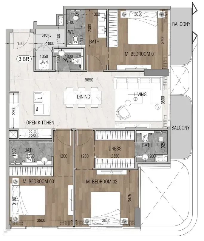 Vue Dorée 3 bed floor plan, 1,406 sqft