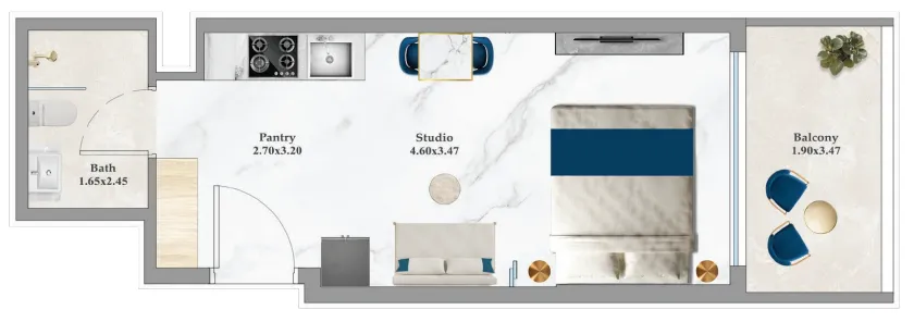 Aspirz Studio floor plan, 383 – 394 sqft