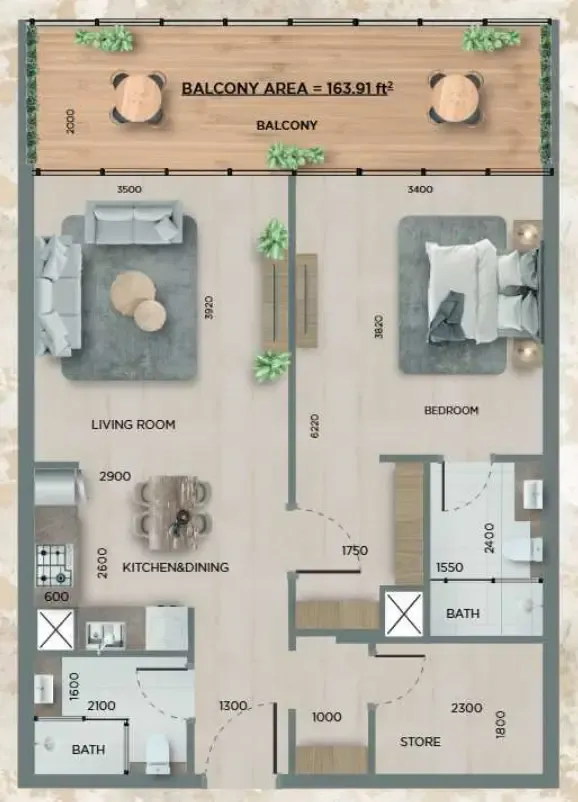 368 Park Ln. 1 bed floor plan, 798 – 837 sqft