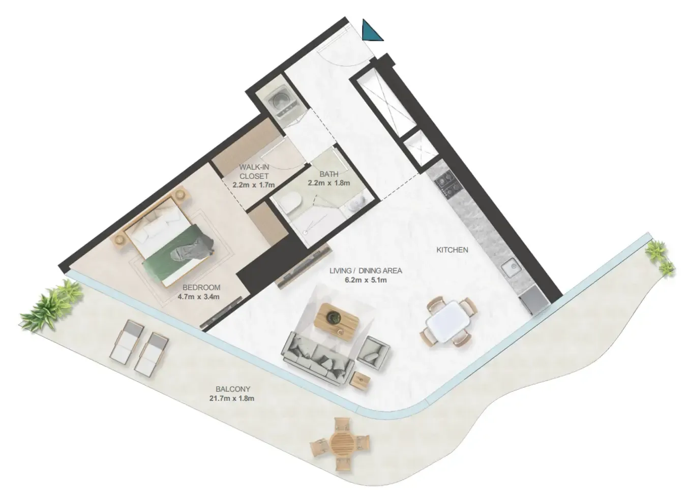 Oystra 1 bed floor plan, 1,156 sqft