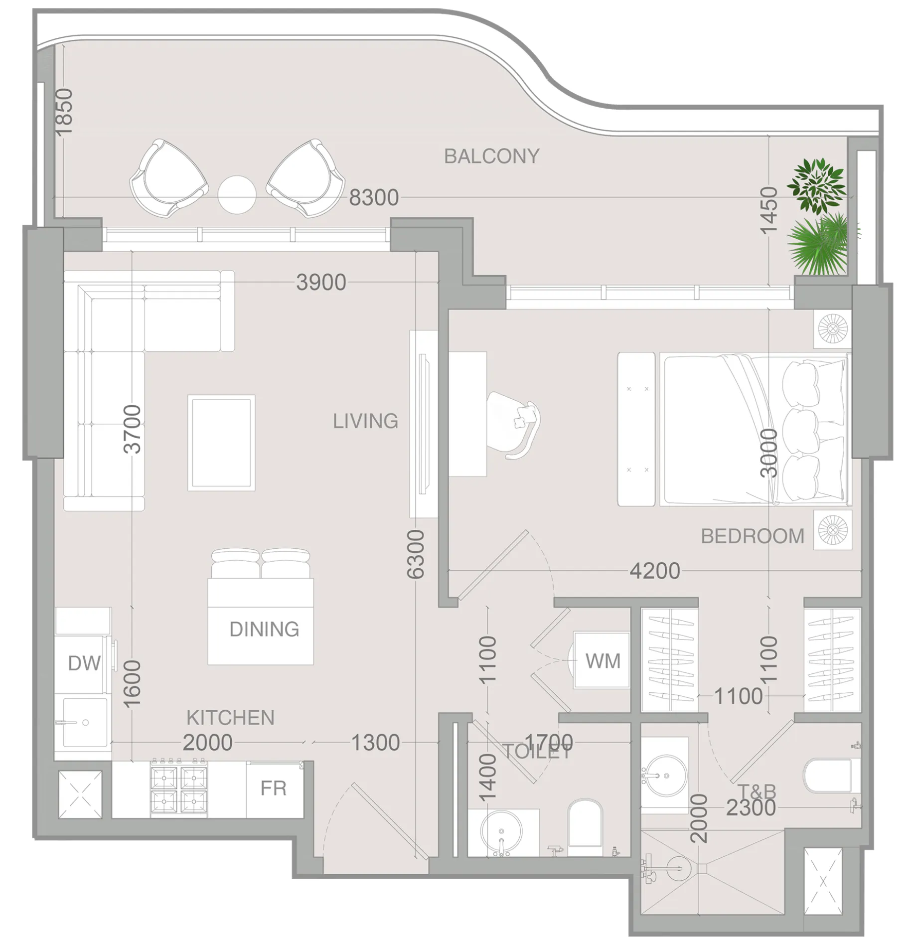 ALTA V1EW 1 bed floor plan, 743 sqft