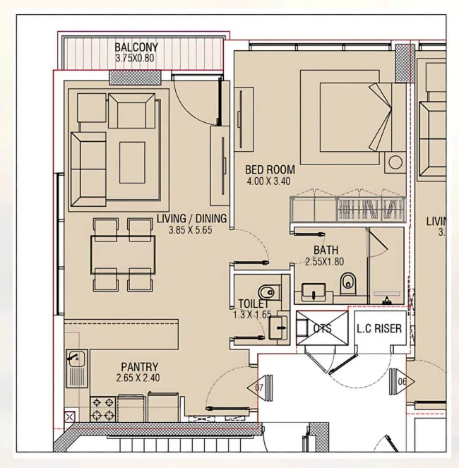 Brand Centro 1 bed floor plan, 689 sqft