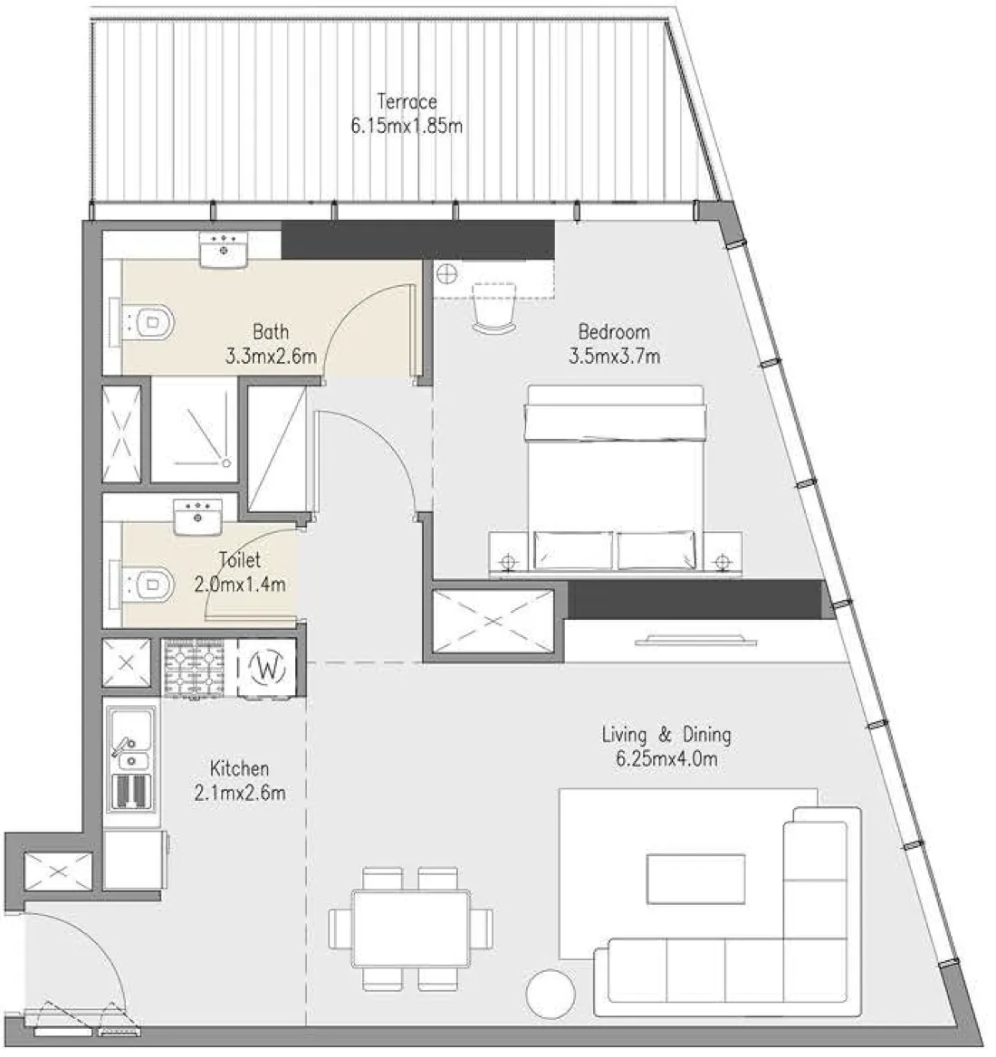 Zenith Residences 1 bed floor plan, 852 – 907 sqft