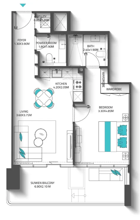 Reef 998 1 bed floor plan, 798 sqft