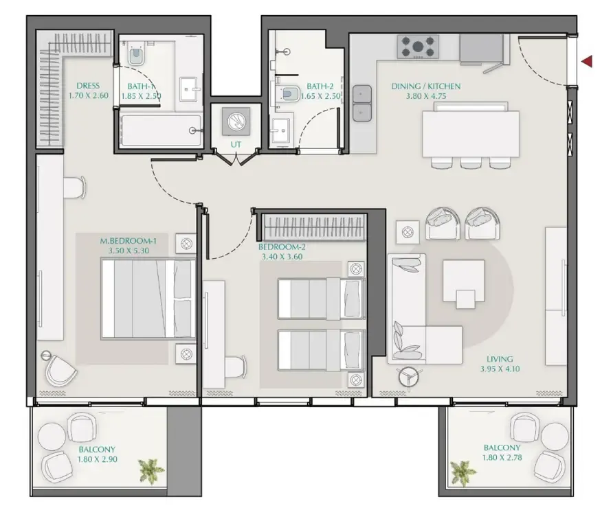 Avenue Park Towers 1 at Wasl 1 2 bed floor plan, 1,146 sqft