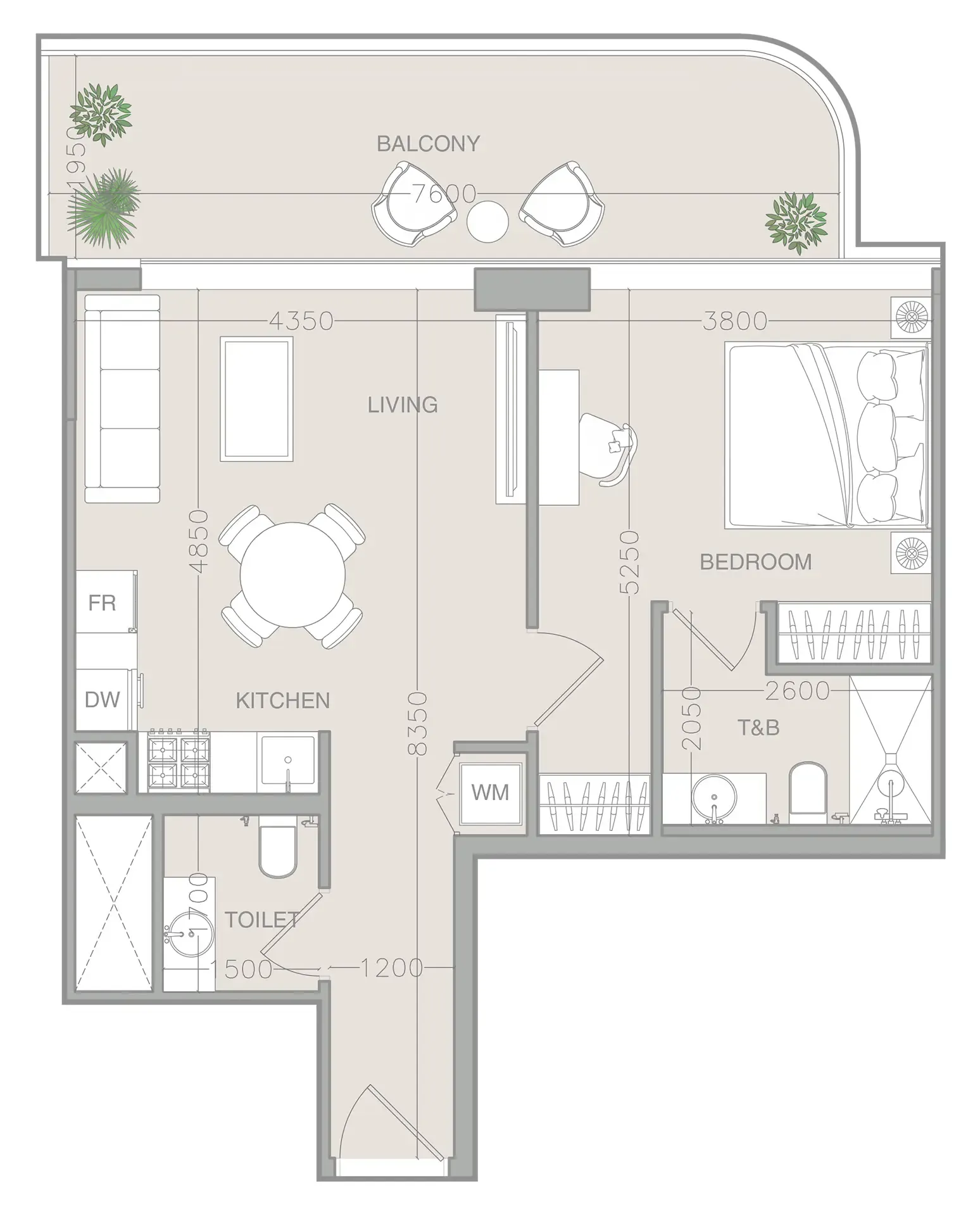 ELAR1S Axis 1 bed floor plan, 742 sqft