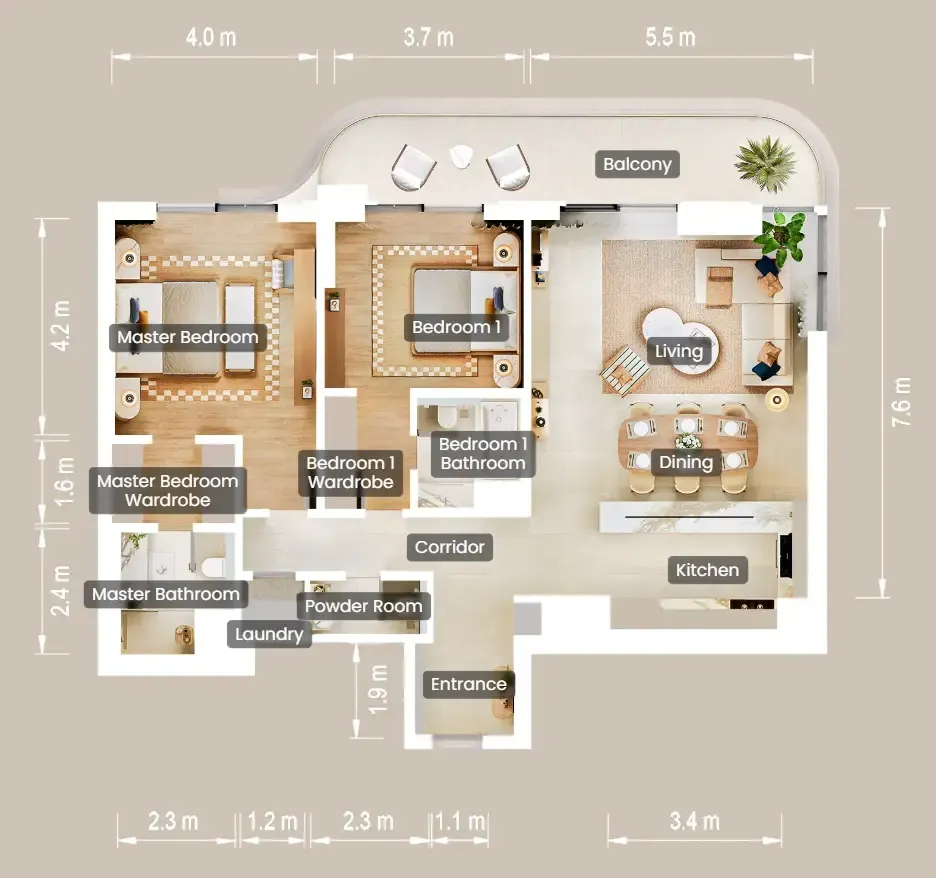The Beach House Fahid 2 bed floor plan, 1,221 – 1,474 sqft