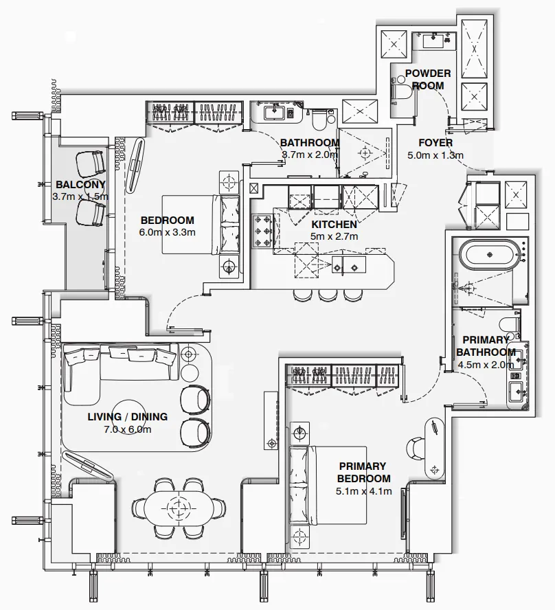 Burj Azizi 2 bed floor plan, 1,506 sqft
