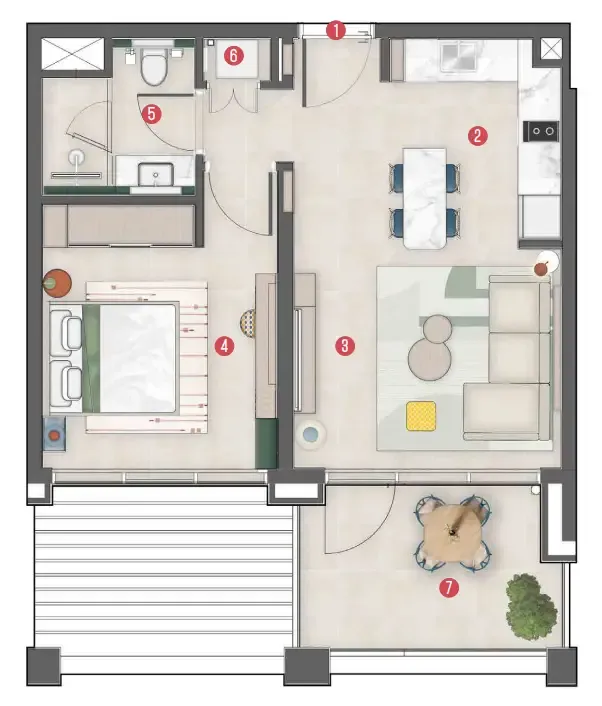 Rove Home Meydan Horizon 1 bed floor plan, 586 – 592 sqft