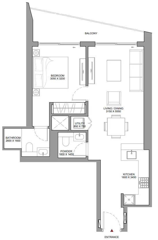 The Horizon at Sobha Central 1 bed floor plan, 744 sqft