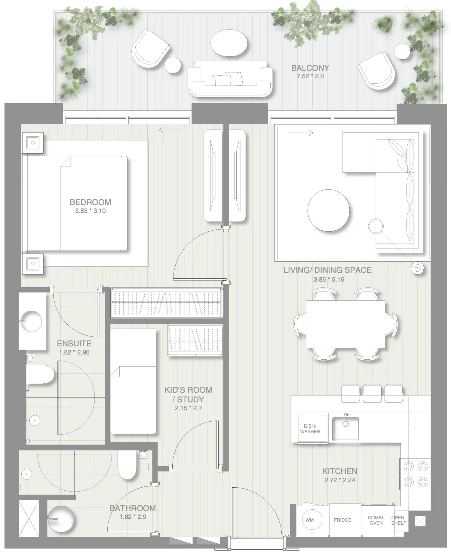 Sol Levante 1 bed floor plan, 870 sqft