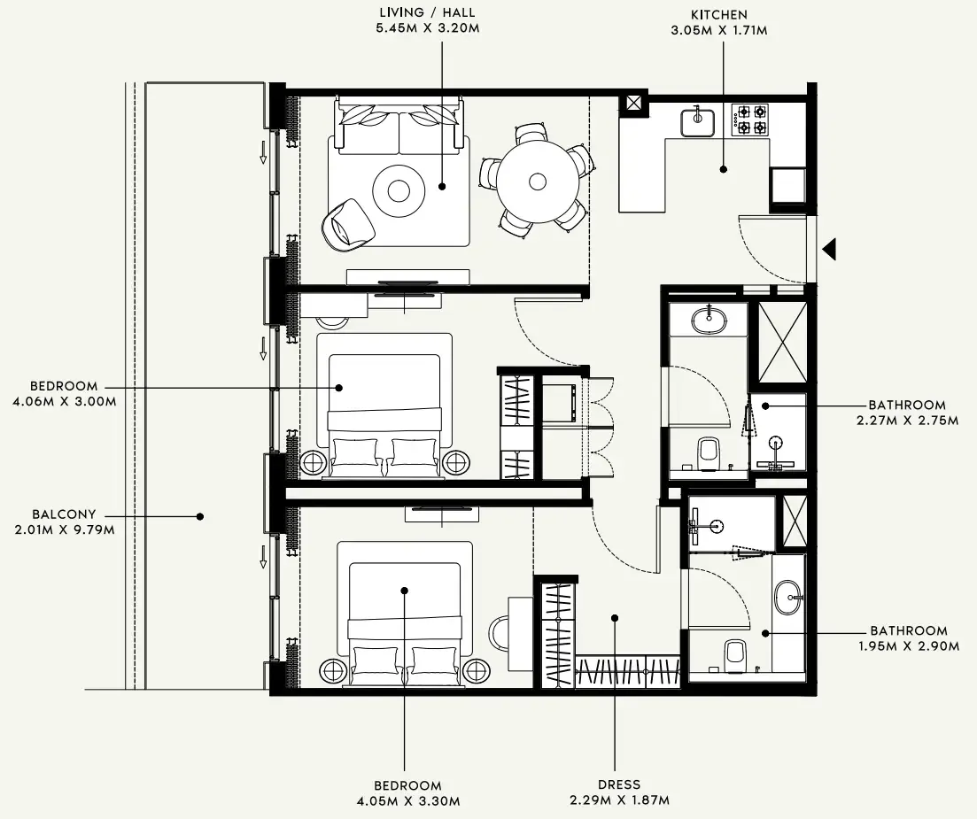 Azizi Venice 2 bed floor plan, 1,150 sqft