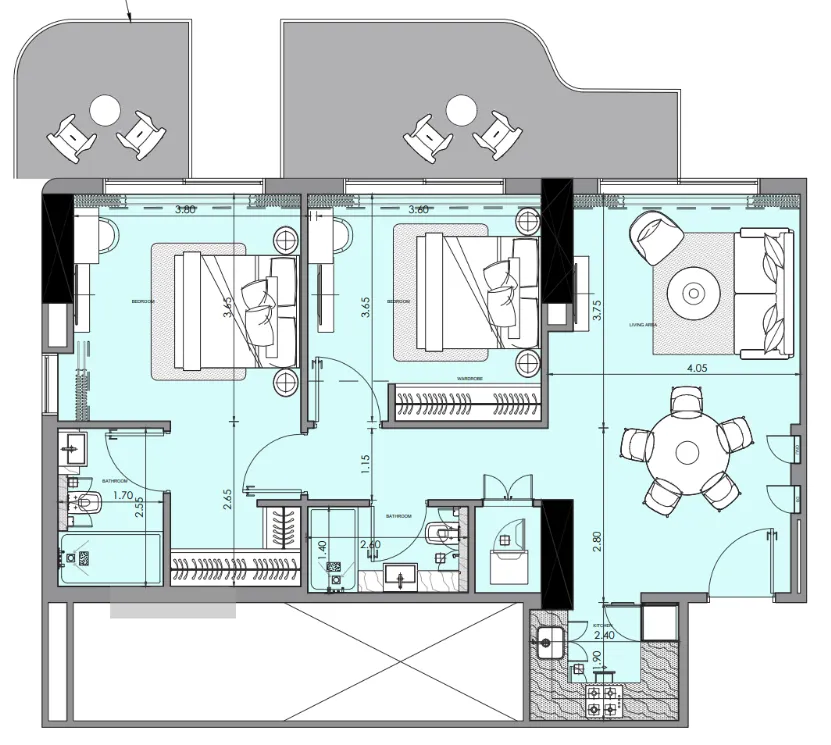 Azizi Wasel 2 bed floor plan, 1,098 sqft
