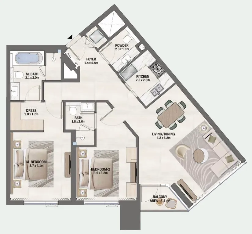 Beachfront Gates 2 bed floor plan, 1,216 sqft