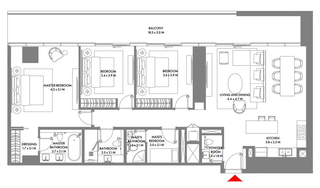 W The Residences by Arada 3 bed floor plan, 1,933 sqft