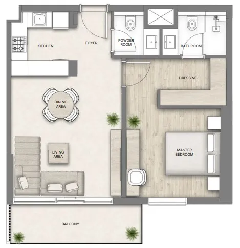 Al Hamra Greens 1 bed floor plan, 740 sqft