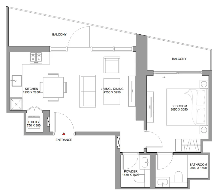 The Horizon at Sobha Central 1 bed floor plan, 702 sqft