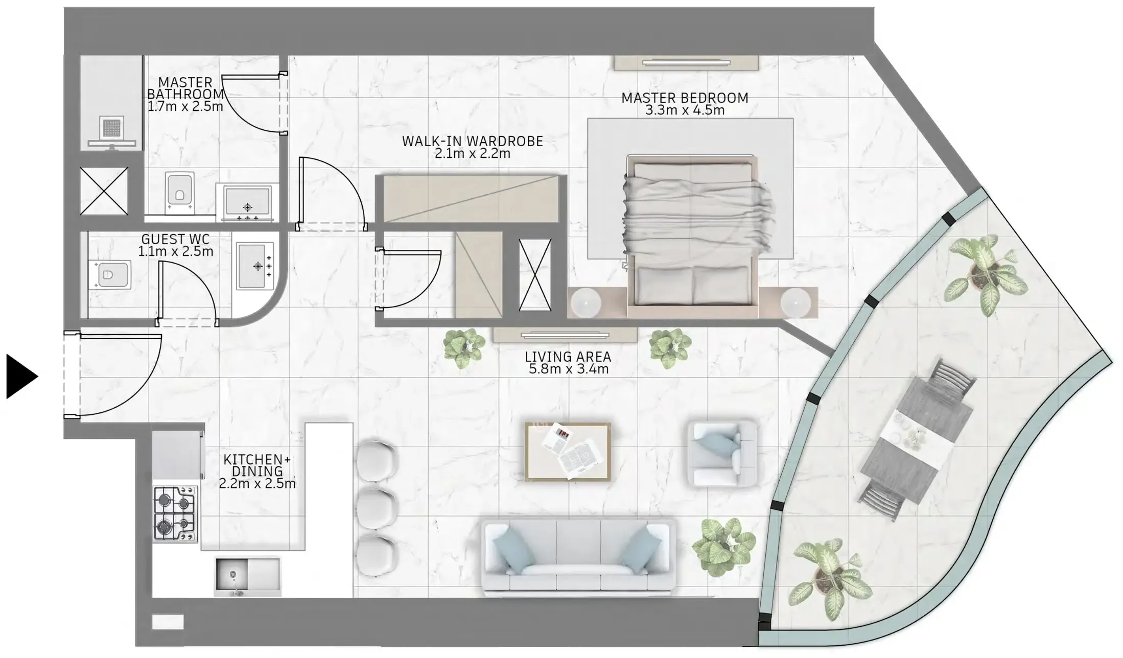 Al Habtoor Tower 1 bed floor plan, 870 sqft