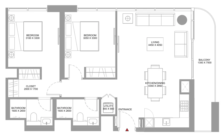 Coastline Beach Residences 2 bed floor plan, 971 – 973 sqft