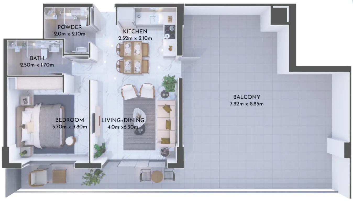 Olivia Residences 1 bed floor plan, 1,410 sqft