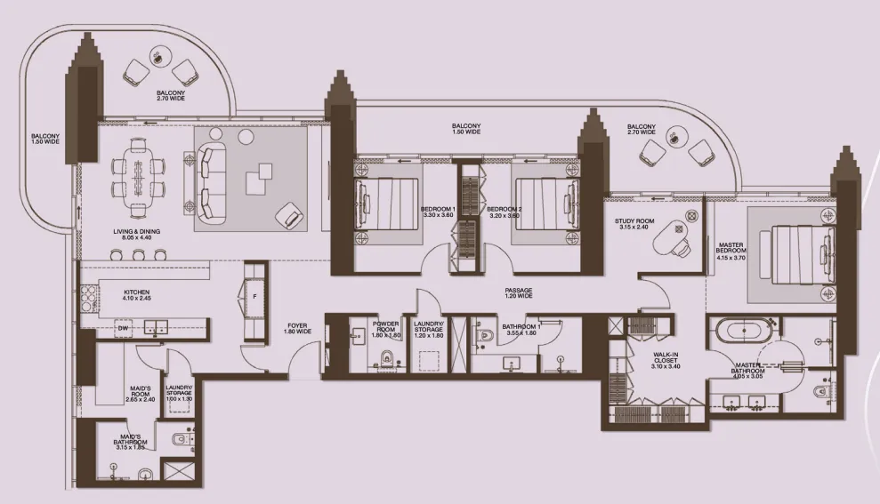 Atelis 3 bed floor plan, 2,561 sqft