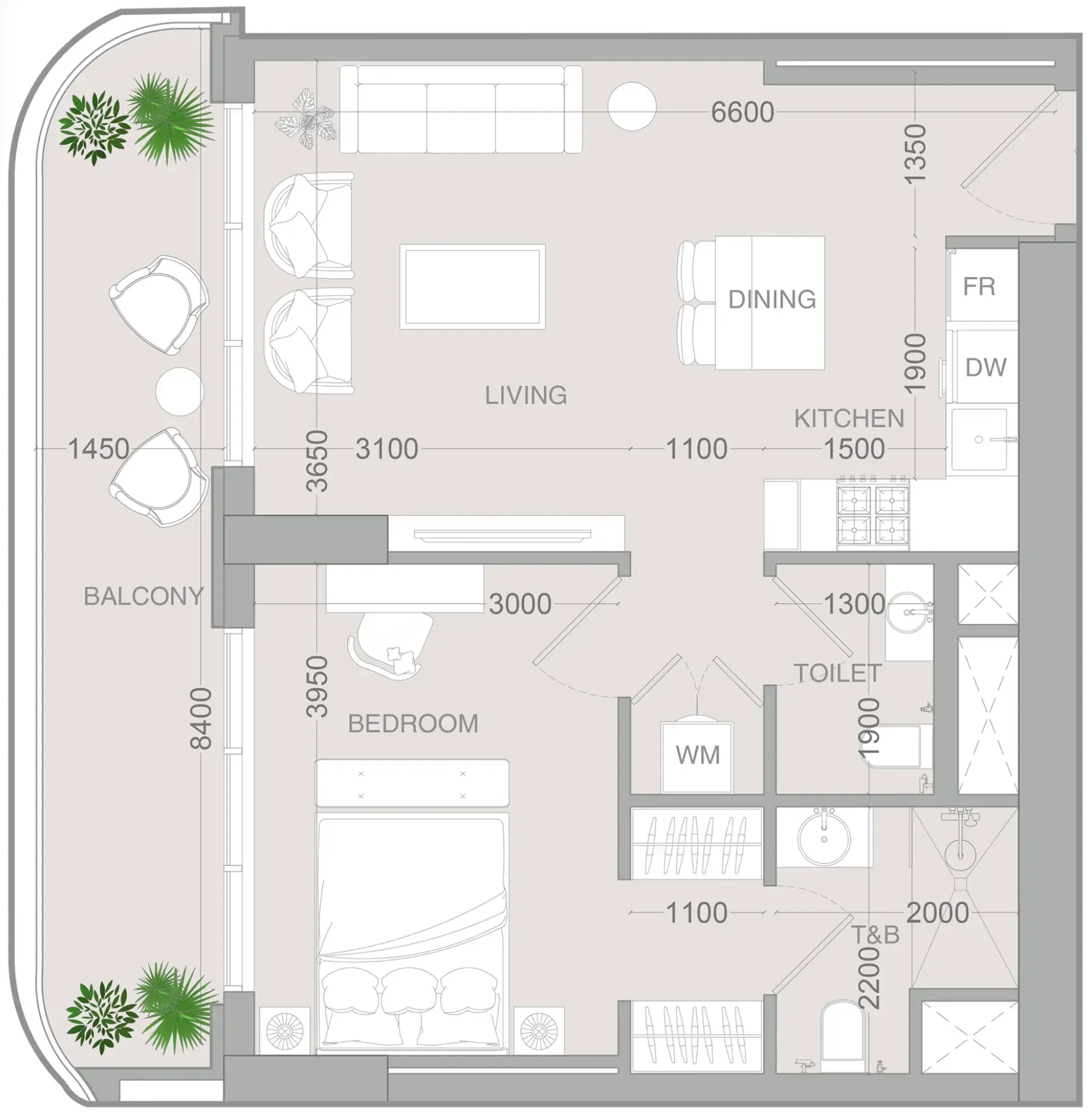 ALTA V1EW 1 bed floor plan, 735 sqft