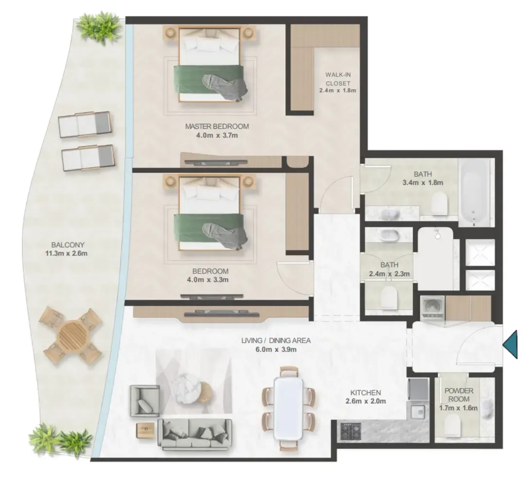 Oystra 2 bed floor plan, 1,342 sqft