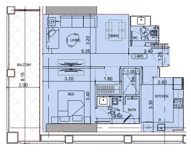 Binghatti Titania 1 bed floor plan, 772 sqft