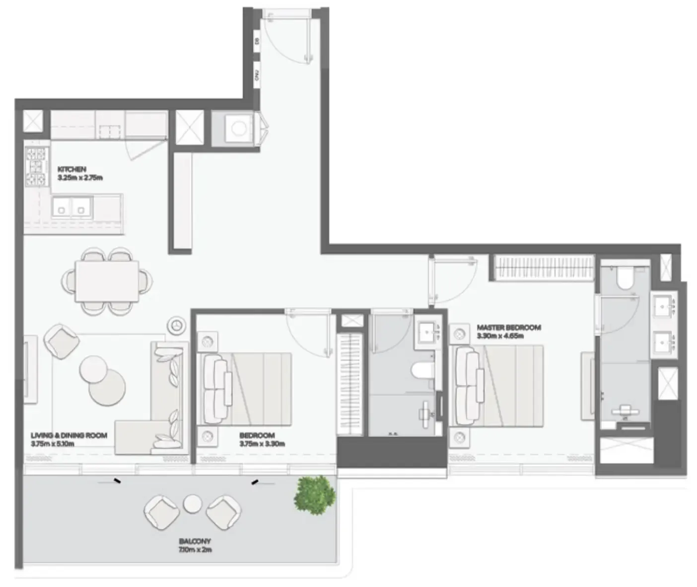 Mansory Residences by Amaal 2 bed floor plan, 1,216 – 1,226 sqft