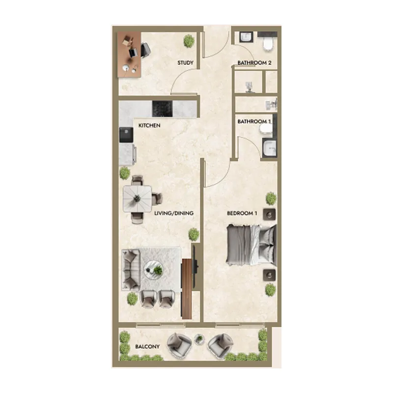 Greenfield Living 1 bed floor plan, 851 – 857 sqft