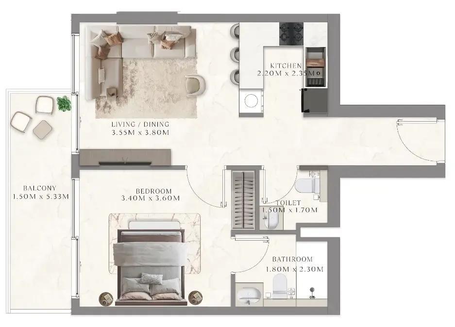 Aum 99 Residences 1 bed floor plan, 539 sqft