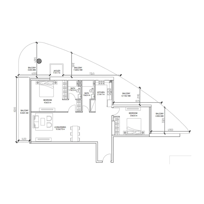 Golf Place 2 bed floor plan, 1,992 sqft