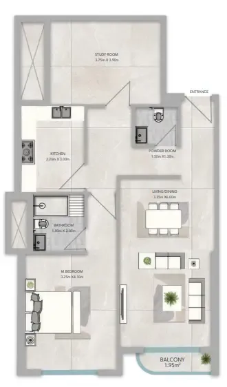 Azha Views Residences 1 bed floor plan, 1,106 sqft