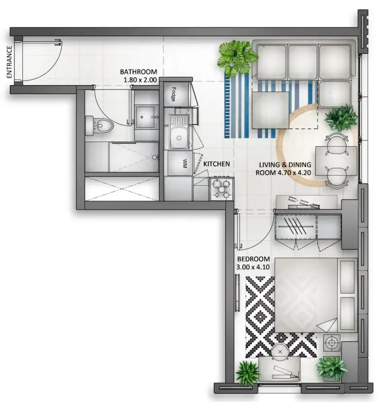 Al Mamsha Sharjah 1 bed floor plan, 641 sqft