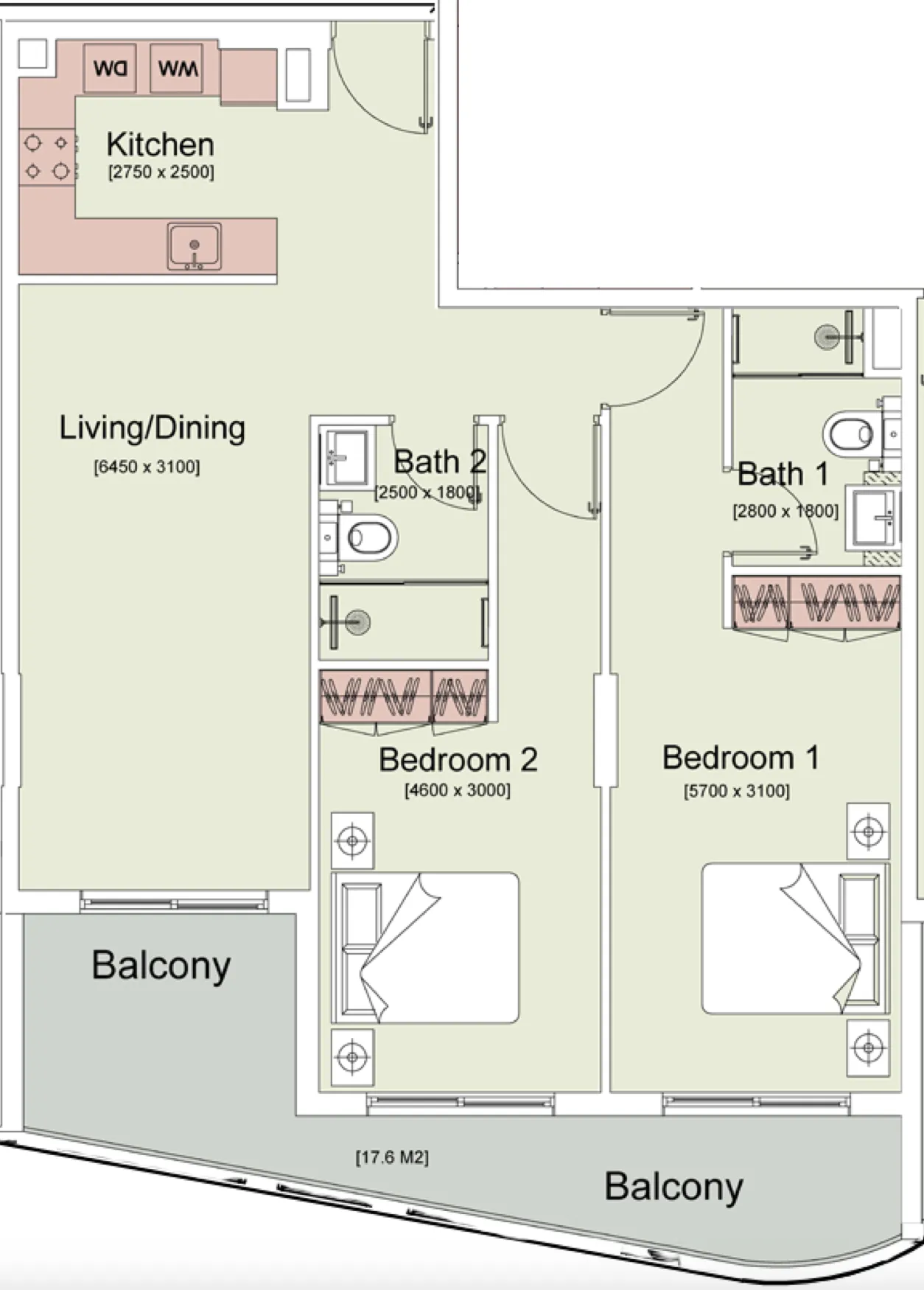 Trafford Residences 2 bed floor plan, 1,136 sqft