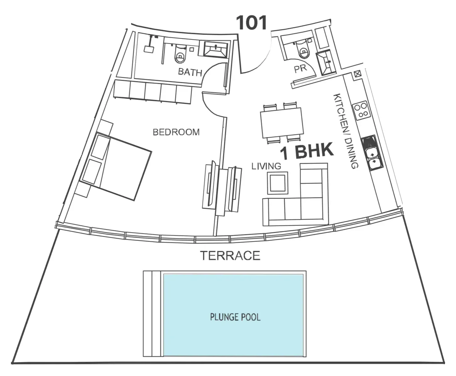 Villa Del Garda 1 bed floor plan, 1,343 sqft
