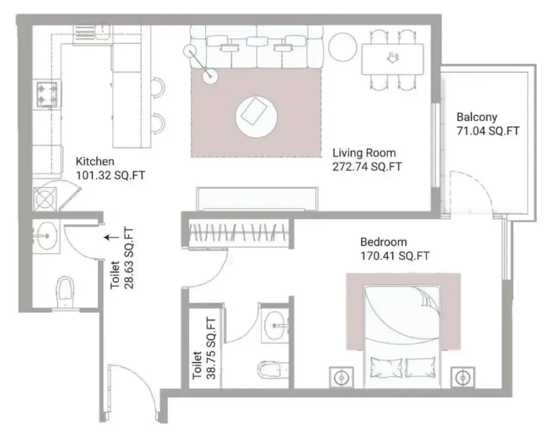 Ajman Creek Towers 1 bed floor plan, 1,128 sqft