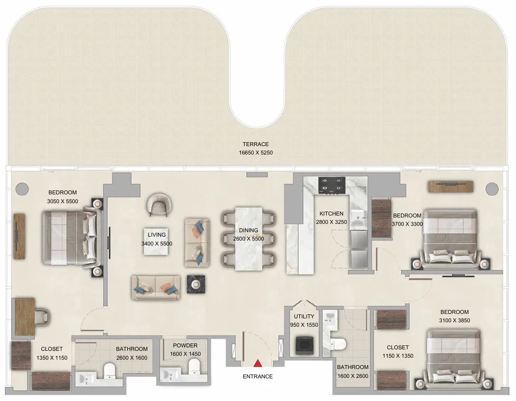 Tranquil Beach Residences 3 bed floor plan, 2,190 – 2,191 sqft