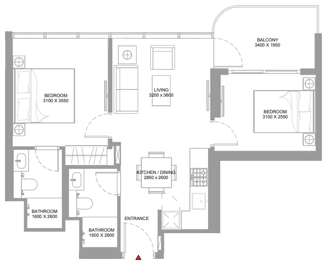 Yachtside Marina Residences 2 bed floor plan, 687 sqft