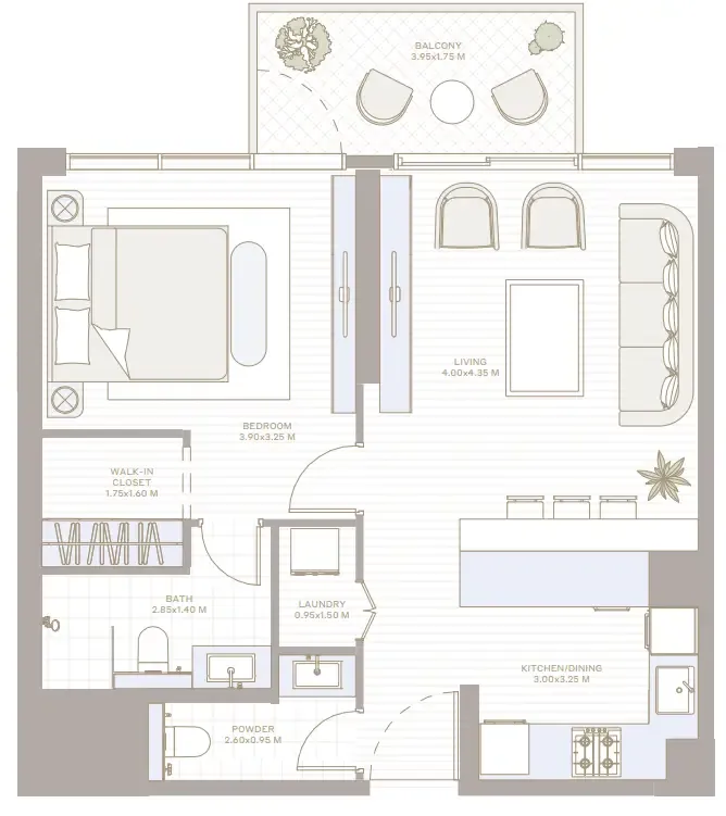 Alder in Park Five 1 bed floor plan, 780 – 799 sqft