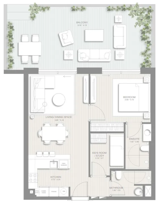 Sol Levante 1 bed floor plan, 1,059 sqft