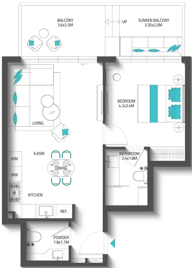 Reef 996 1 bed floor plan, 762 sqft