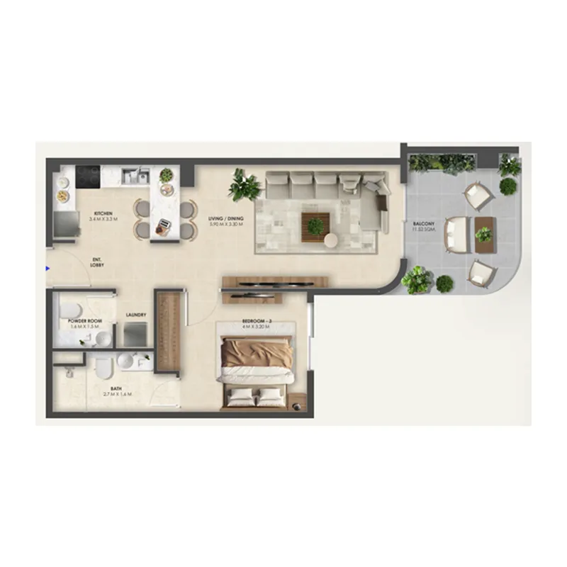 Vivida Residences 1 bed floor plan, 731 sqft