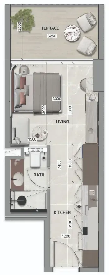 South Lofts Studio floor plan, 327 sqft