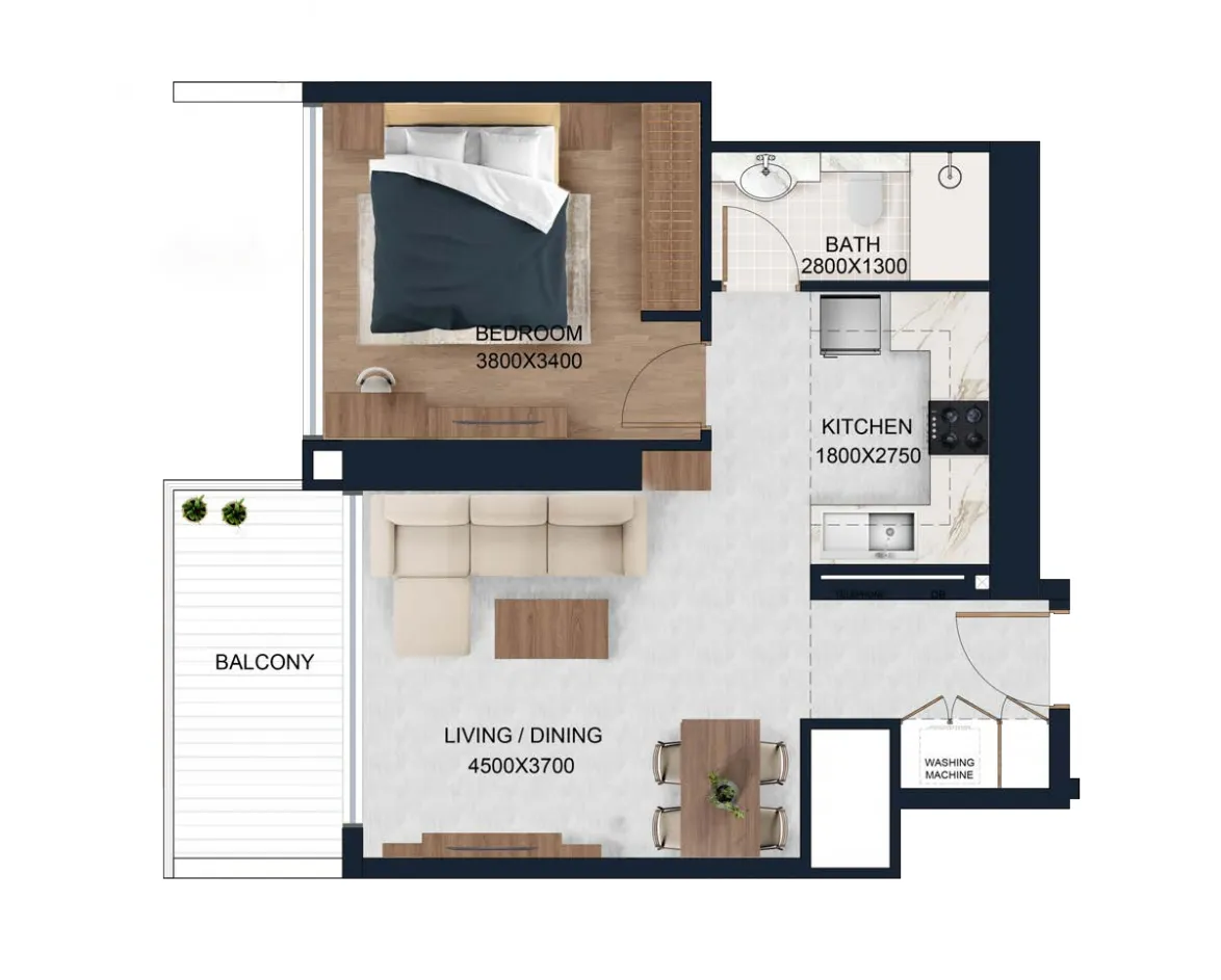 Alfal Residence 1 bed floor plan, 612 sqft