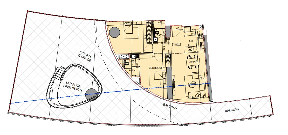 Binghatti Aquarise 2 bed floor plan, 2,879 sqft