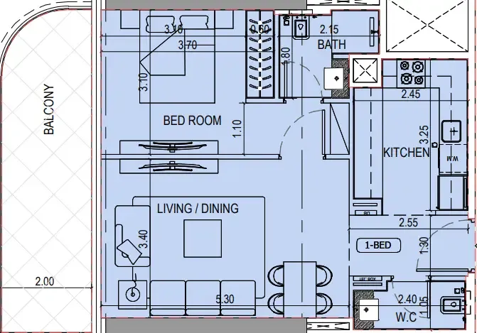 Binghatti Sky Terraces 1 bed floor plan, 739 sqft